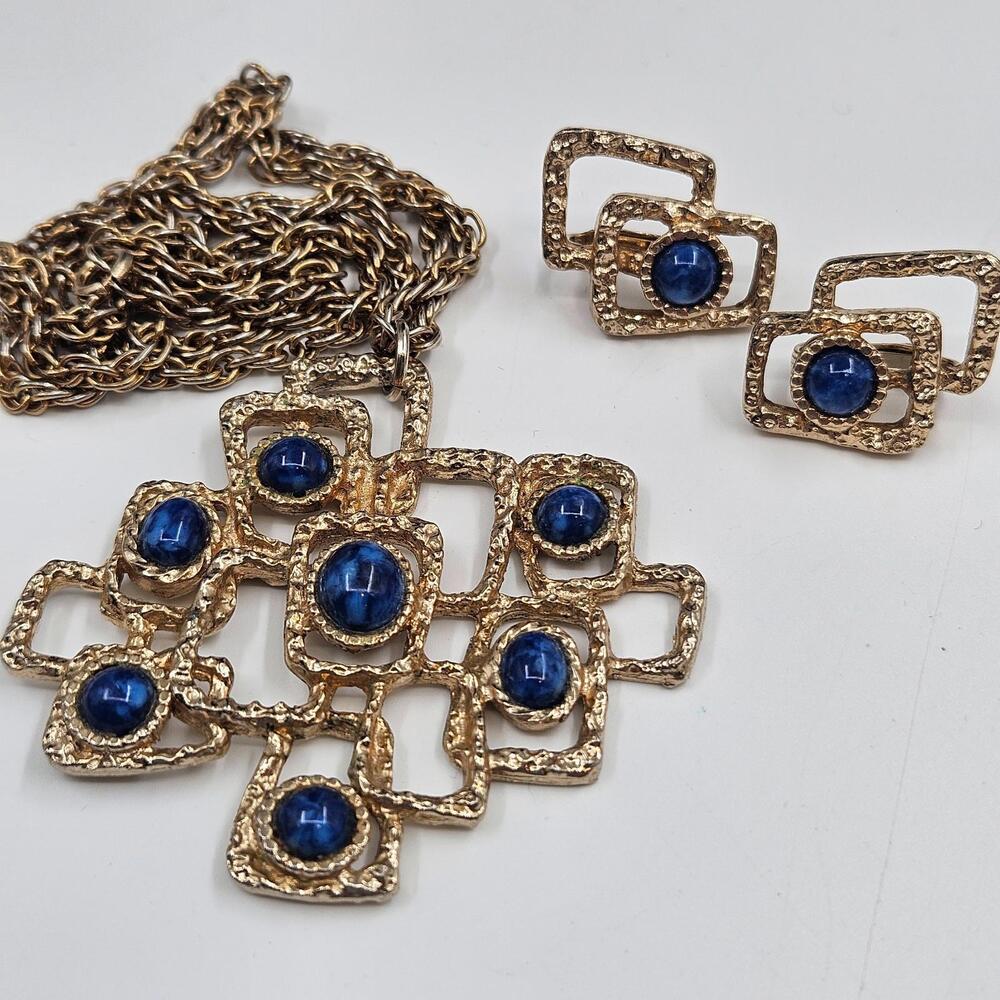 Vintage Sarah Coventry Brutalist Blue Art Glass Necklace & Earrings Statement